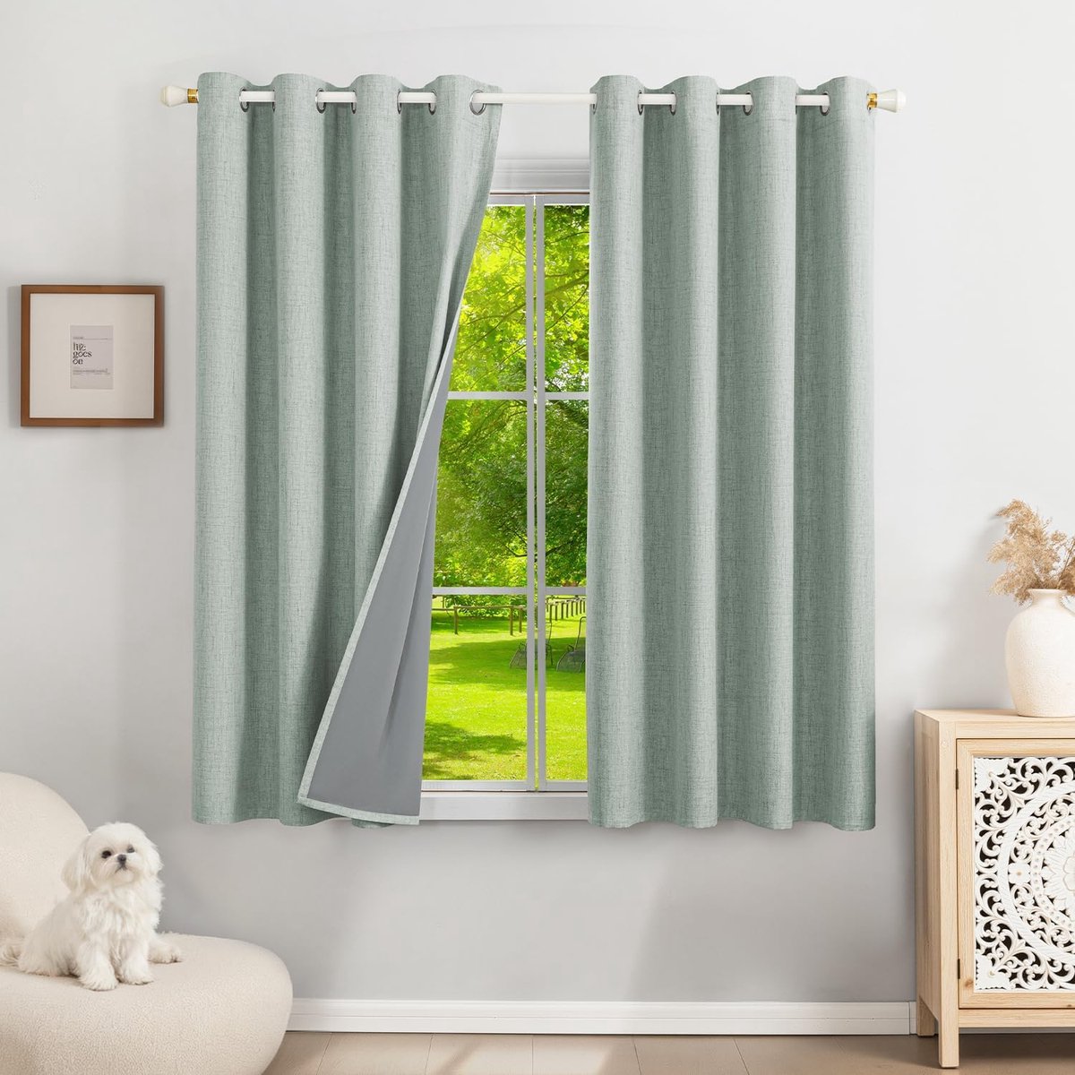 100% Verduisteringsgordijnen Linnen Gordijnen met Oogjes 2-delige Set, Thermogordijn Hittebescherming H 145 x B 140 cm, Linnenlook Gordijnen Ondoorzichtig Saliegroen Geluidsisolatie voor
