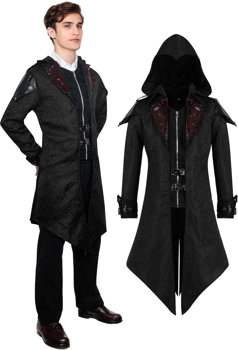 herenjas met capuchon, gothic, trenchcoat, Victoriaanse vintage jas, Halloween, feest, carnaval, cosplay kostuum