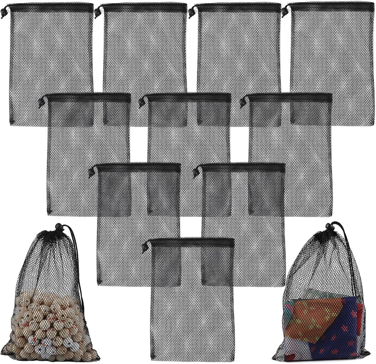 10 Stks Zwart Mesh Trekkoord Zakken 20 × 30 cm, Nylon Mesh Tas Draagbare Opbergzakken Nylon Netto BagsMesh Wasserij Opbergzakken voor Reizen Spullen Tennisbal Golf Speelgoed Outdoor Gebruik