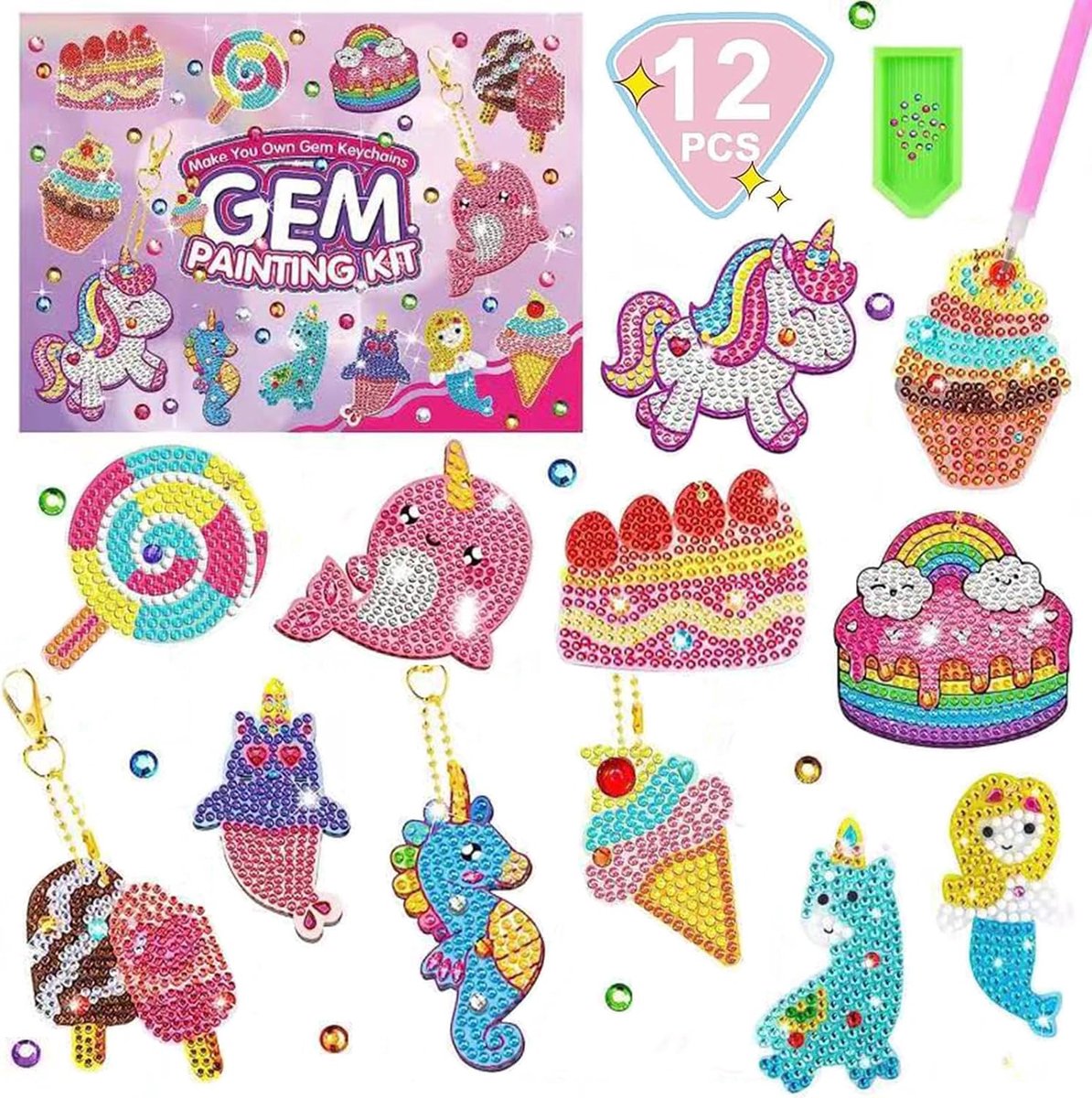 Diamond Painting, cadeau voor meisjes van 6-12 jaar, spelletjes meisjes 5 jaar, eenhoorn, cadeau vrouwelijk, meisjes, doe-het-zelf diamantschilderen, sleutelhanger, activiteiten, creatief werk,