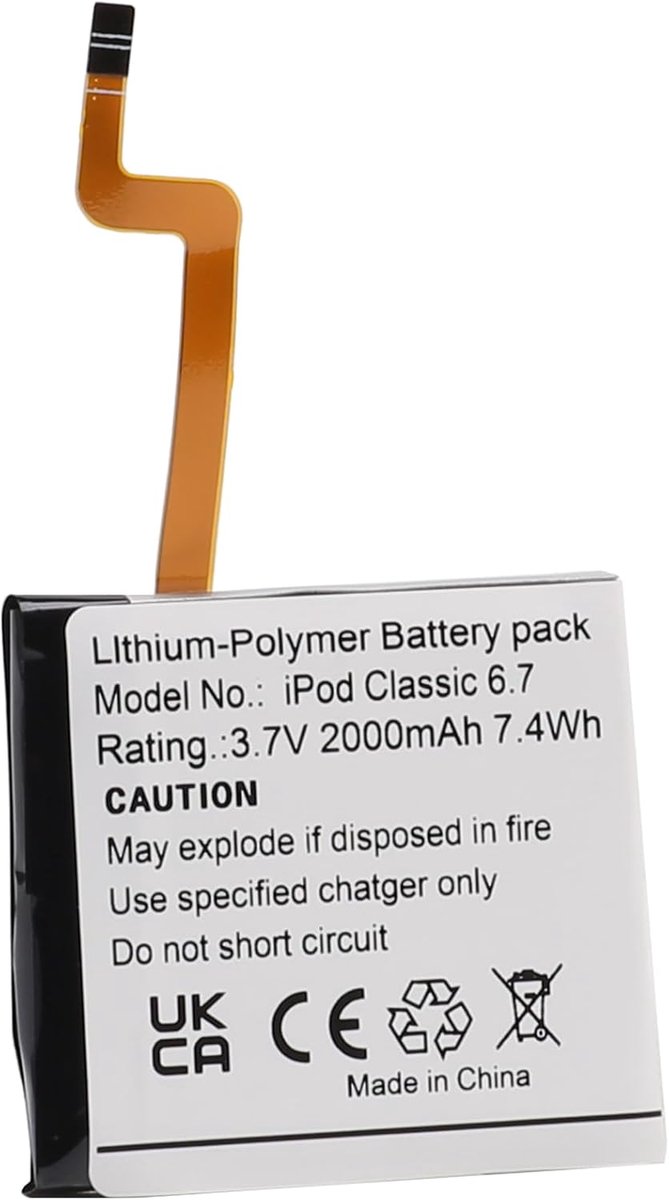 Compatibel met iPod Classic 6.7, 3,7V 2000mAh 7,4Wh Lithium-Polymeer batterij