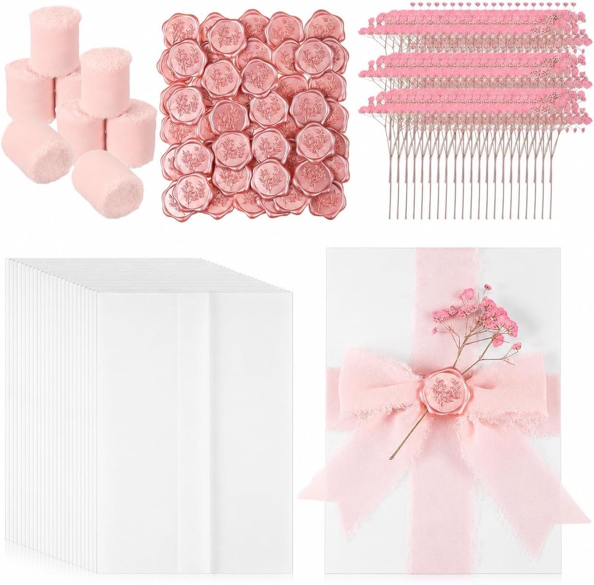 50 stuks trouwkaart enveloppenset roségoud folie voorgevouwen perkament enveloppen voor 13 x 18 uitnodigingen roze gedroogde bloemen waszegel stickers chiffon