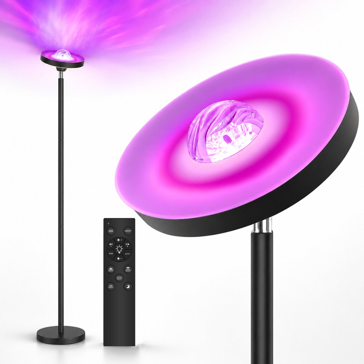 LOVHAUS RGB LED Vloerlamp - Watergolf Effect - 7 RGB Kleuren - Dimbaar - Afstandsbediening - Zwart
