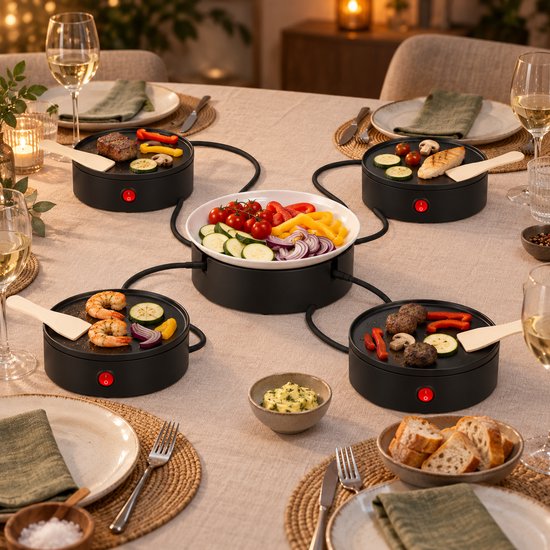 Gourmetstel voor 4 Personen - Grill & Bakplaat - inclusief Serveerschaal en 4 Spatels - Vaatwasserbestendig - PFAS-vrij - Compleet Gourmetstel - Gourmetset - Raclettegrill - Stapelbaar - 4 Individuele Bakplaten - Ø16 cm - 1200 W - Zwart — afbeelding 3