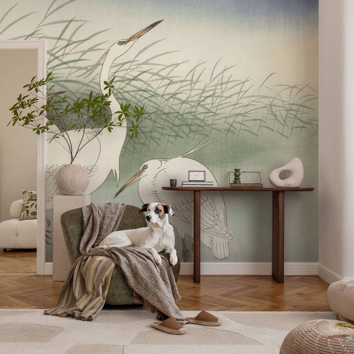 Coloray Vliesbehang - Wit Snellijm Behang - 104x70 cm - Reigers In Het Gras Fotobehang Vlies - Hal behang Dieren - Muurschildering - Hal behang