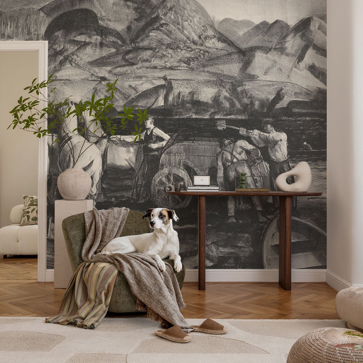 Coloray Vliesbehang - Zwart-Wit Snellijm Behang - 104x70 cm - Dorpsscène Muurschildering - Gang behang Mensen - Fotobehang Vlies - Slaapkamer behang