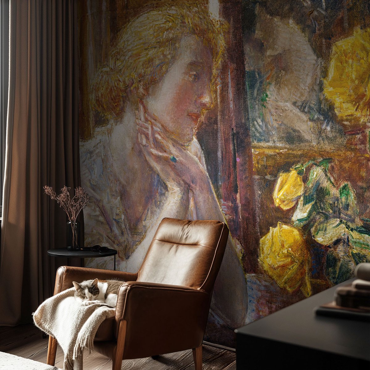 Coloray Vliesbehang - Geel Snellijm Behang - 104x70 cm - Vrouw Met Rozen Fotobehang Vlies - Woonkamer behang Deel - Muurschildering - Woonkamer behang