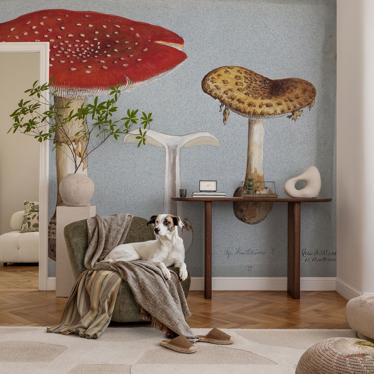 Coloray Vliesbehang - Grijs Snellijm Behang - 104x70 cm - Paddenstoelgravures Fotobehang Vlies - Hal behang Deel - Muurschildering - Woonkamer behang