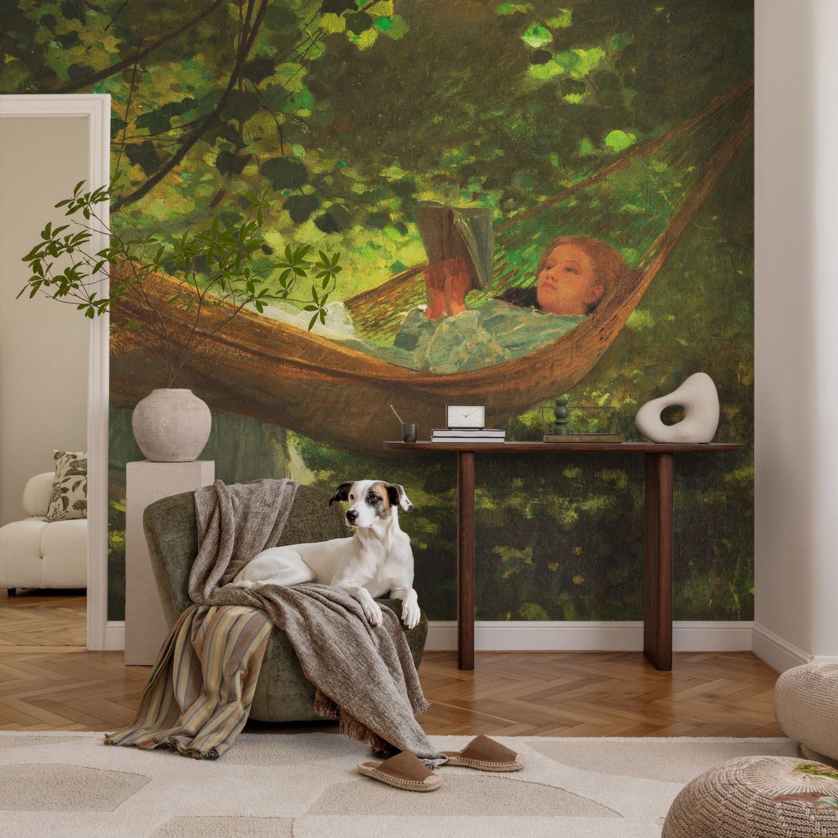 Coloray Vliesbehang - Groente Snellijm Behang - 104x70 cm - Ontspannen In Een Hangmat Muurschildering - Slaapkamer behang Bloemen En Planten - Fotobehang Vlies - Slaapkamer behang