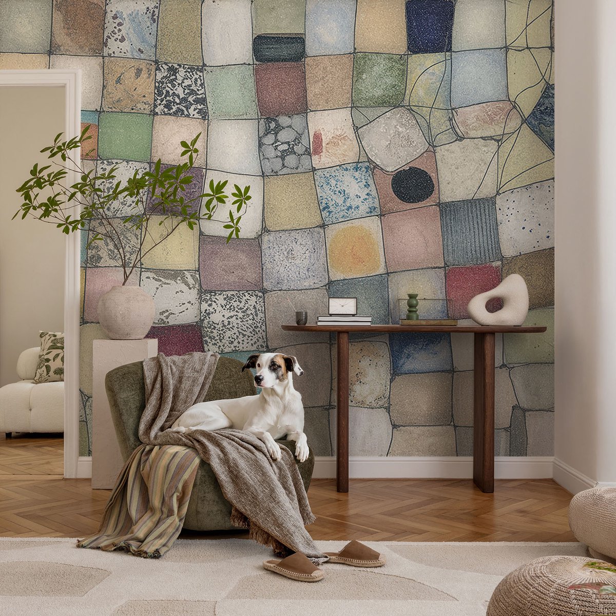 Coloray Vliesbehang - Grijs Snellijm Behang - 104x70 cm - Kleurrijk Mozaïek Muurschildering - Slaapkamer behang Achtergronden En Patronen - Fotobehang Vlies - Gang behang