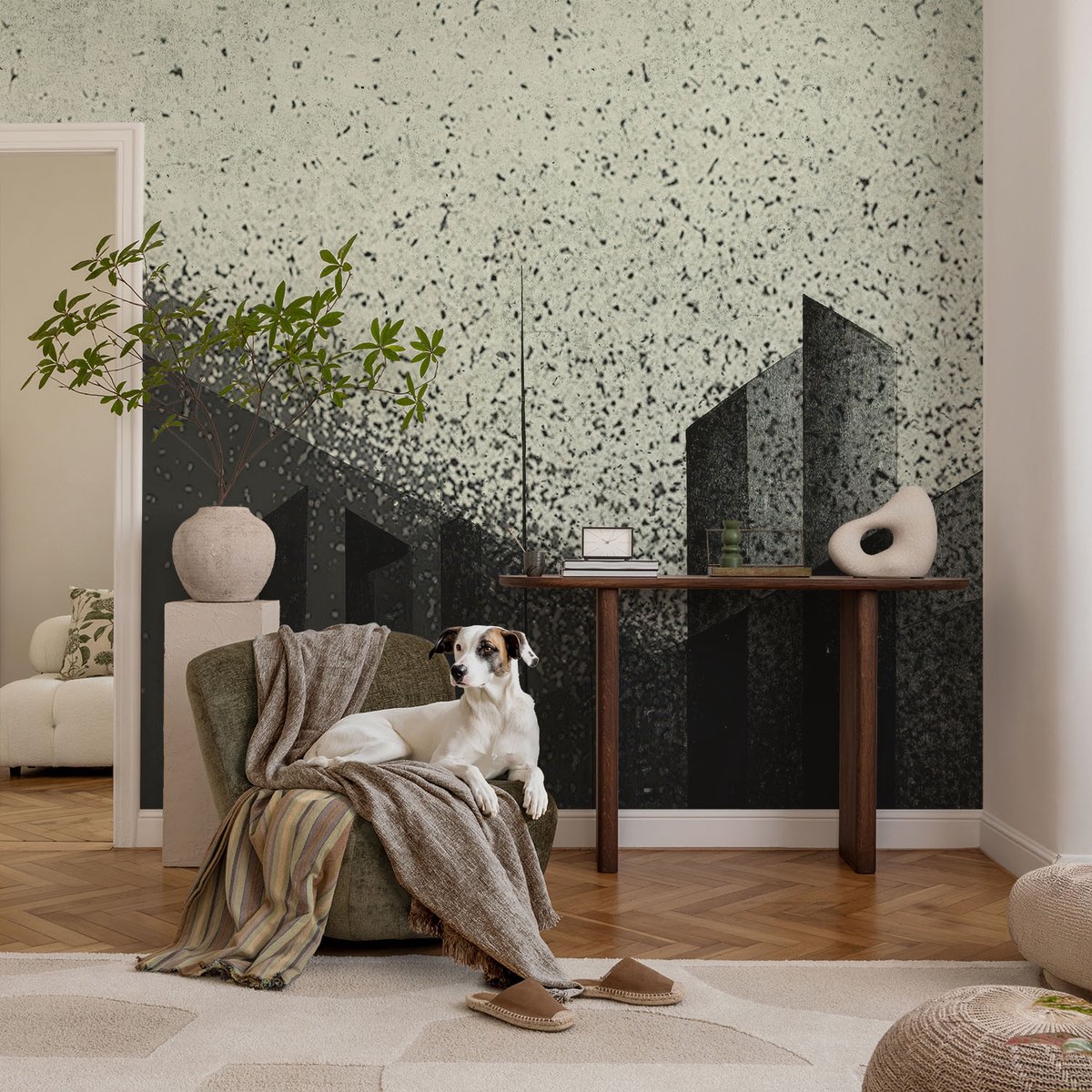 Coloray Vliesbehang - Zwart Snellijm Behang - 104x70 cm - Stadsgeometrie Fotobehang Vlies - Hal behang Abstractie - Muurschildering - Woonkamer behang