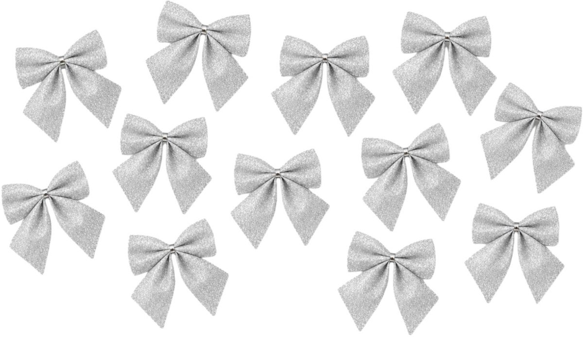 Mica Decorations Kerst ornamenten strikken - 12x st - zilver - 10 x 12 cm - kerstboomstrikjes
