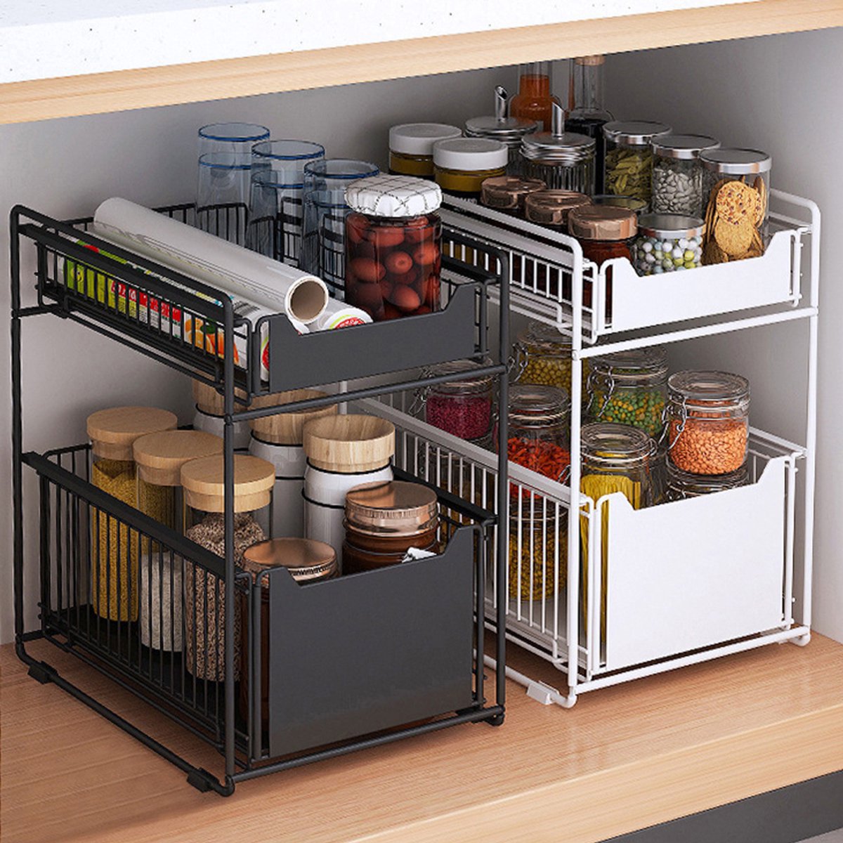 PIPIPOXER Gootsteenkast Organizer - Keukenkast organizer - Gootsteenrek – Dubbellaags Opbergrek – Schuiflades - Kast Aanrecht Organizer - Badkamer organizer- Uitschuifbaar - Zwart
