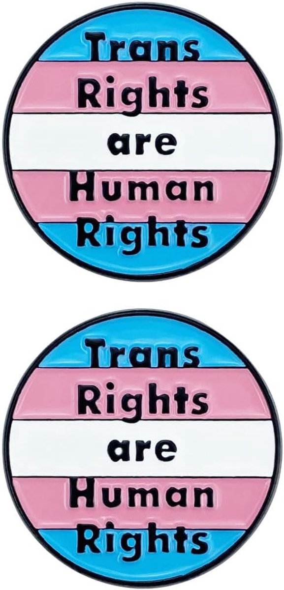 Pride reversspelden, email, rond, trans-kleuren, met opschrift "Trans Rights are Human Rights" – gadget LGBTQ+ voor kleding, rugzakken en tassen