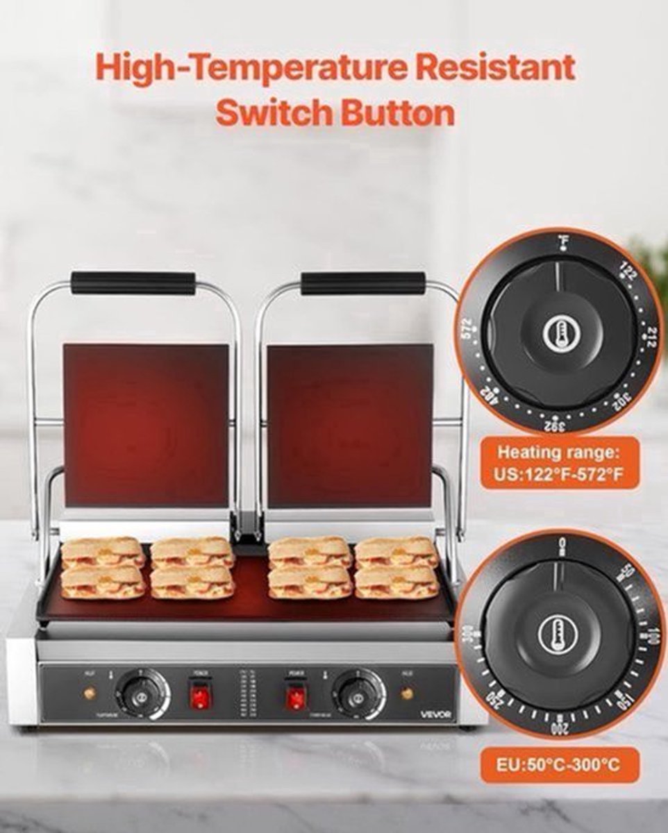 Contactgrill – Panini Grill – Sandwichmaker – Elektrische Grill – Tosti-Ijzer – RVs Behuizing – 3600W Vermogen – Dubbele 48x23 CM Bakplaten – Instelbare Temperatuur