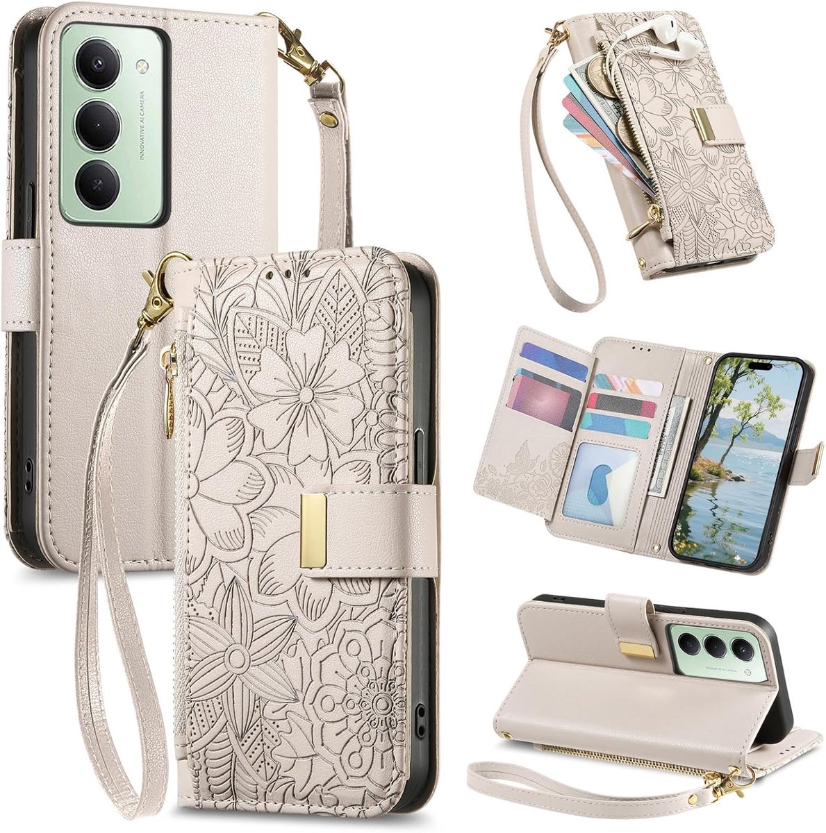 Portemonnee-hoesje voor Xiaomi Redmi 15, lederen fliphoes met kaartsleuven en muntvak met rits, magnetische sluiting, opvouwbare standaardfunctie, ontwerp met bloemen en bladeren, wit