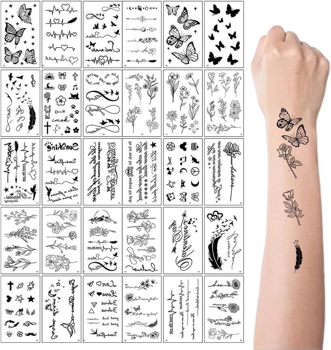Tijdelijke tatoeagestickers, nep-tatoeages, waterdicht voor volwassenen, vrouwen, dames, kinderen, mannen, meisjes, armtatoeage, tatoeages om op te plakken (Europees patroon) (Zwart)