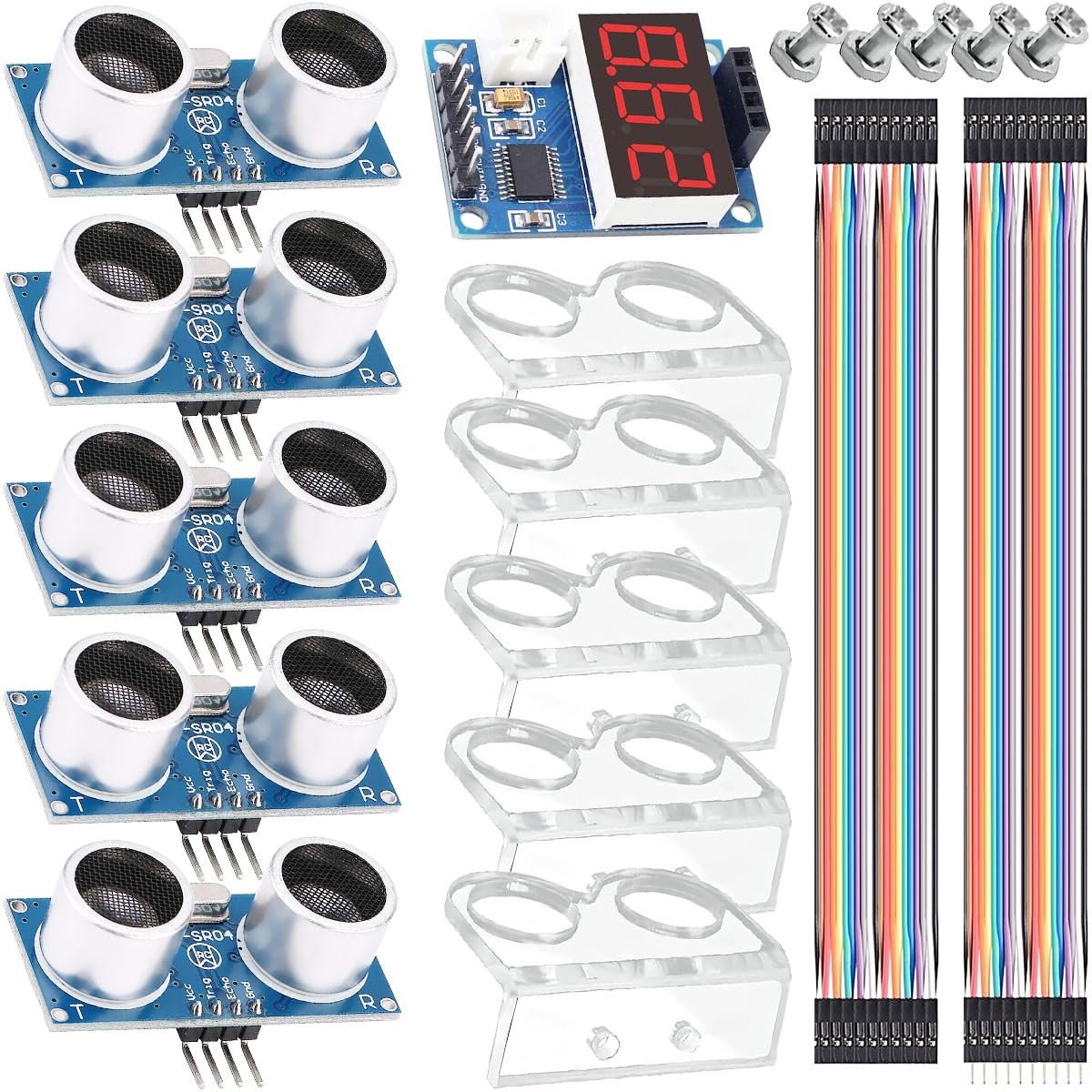 5 stuks HHC-SR04 Ultrasonic sensor ultrasone sensor-afstandsmodule + ultrasone sensor-afstandsweergavemodule met montagebeugel, DuPont-kabel, schroefmoerset