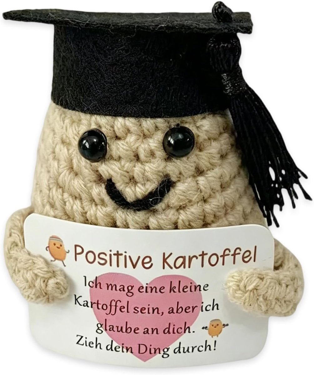 Aardappel met doktershoed, origineel en motiverend cadeau voor afgestudeerden, gehaakte pop met hartkaart, speciaal aandenken voor universiteiten en studenten