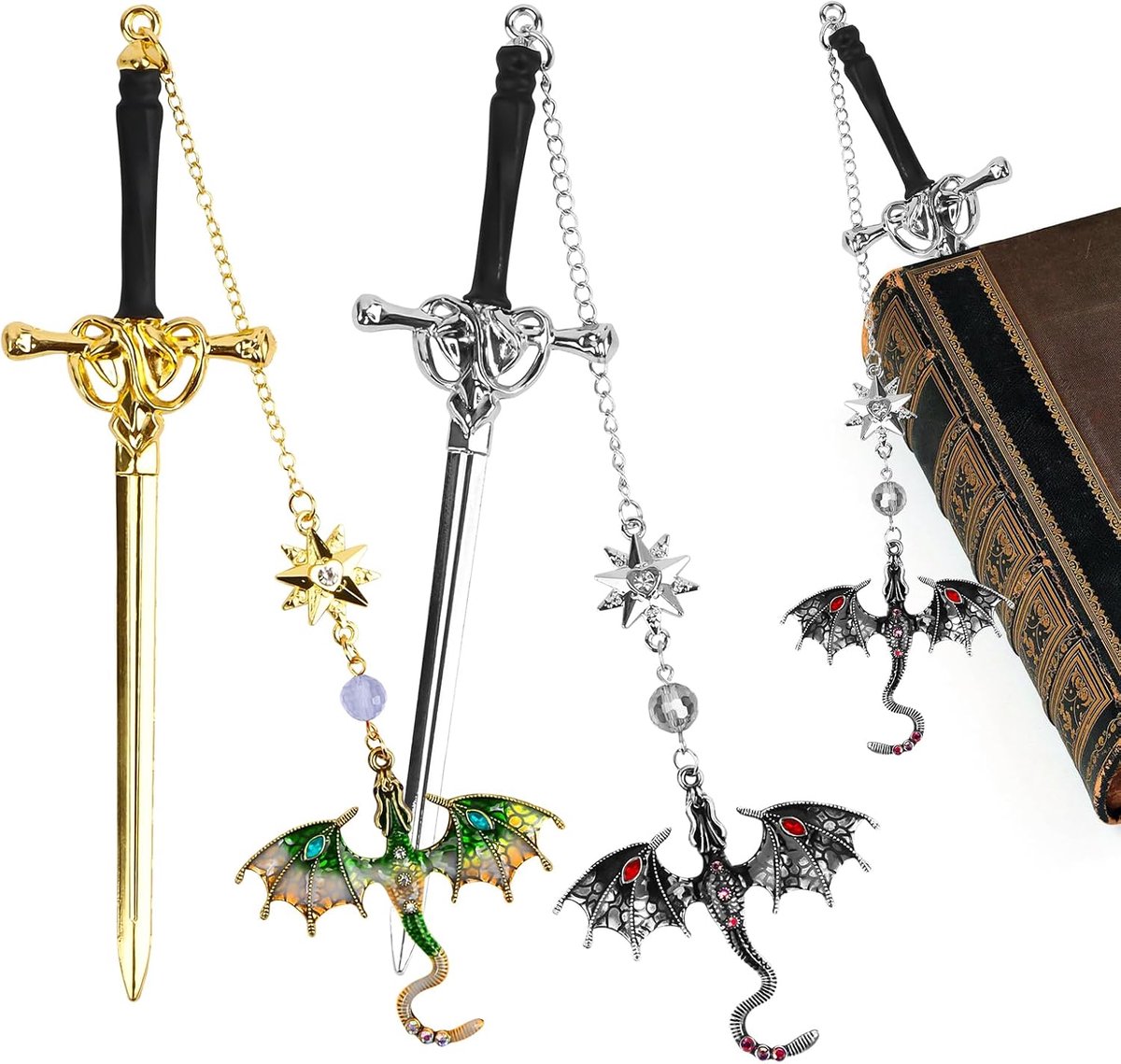 Bladwijzer zwaard draak, 2 stuks gepersonaliseerde draak, zwaard, bladwijzer met naam, verjaardagsgeschenk, kelesy, metalen bladwijzer, uniek cadeau (grijs + groen)
