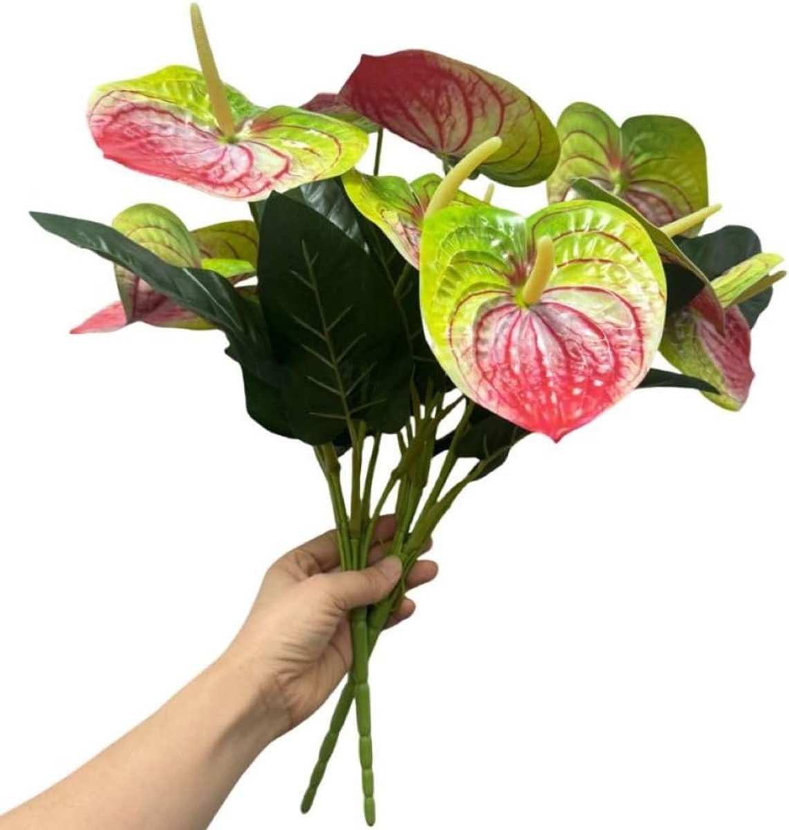 20 inch kunstmatige rode anthurium bloemen (2 stuks) - realistische nep bloemstuk voor bruiloft, tafel middenstuk, woondecoratie (roze-groen)