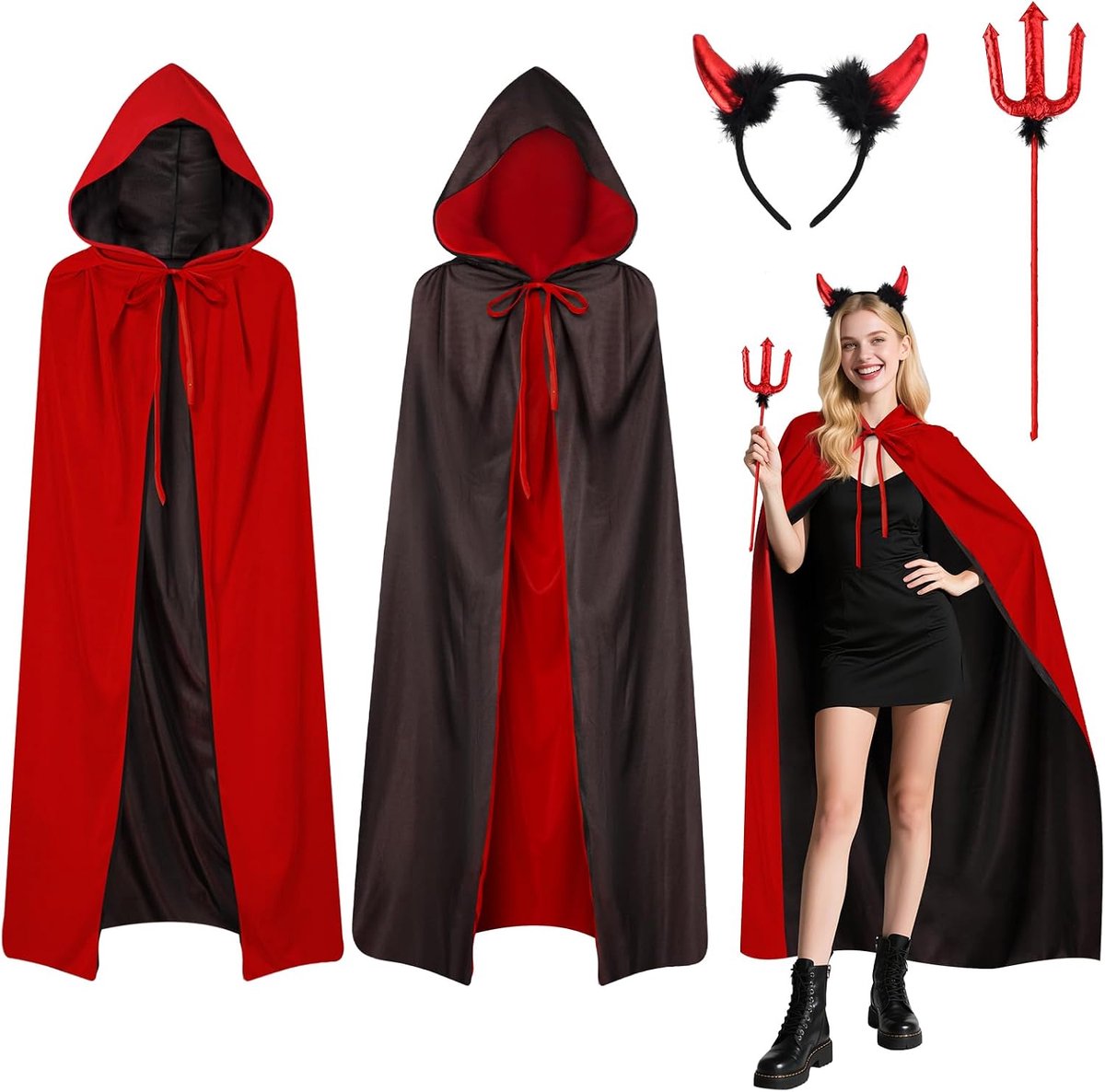 Kostuum Carnaval Set,90/120/150 cm Dubbelzijdige Cape & Duivelshoorns & Staf,Rode Zwarte Cape Duivel Kostuum voor Carnaval Fasching Party Cosplay Carnival Kostuums Demon Accessoires