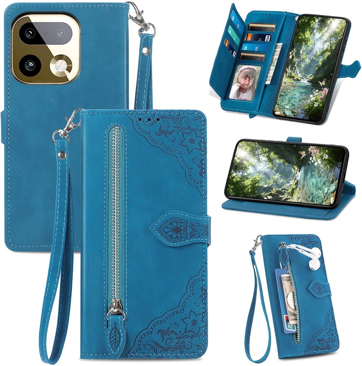 Hoes voor Realme 16 Pro Plus 5G, PU-leren telefoonhoes, inklapbare flipcase met kaartenvak, magneet, standaard en polslus, bloemenpatroon, beschermhoes, schokbestendig, blauw