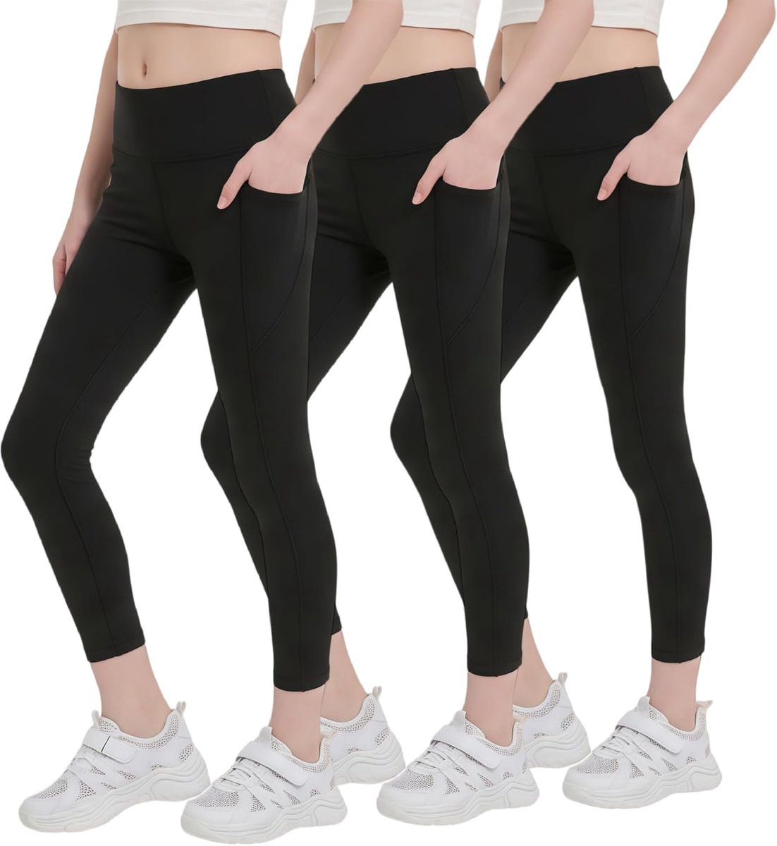 Leggings voor meisjes, zwart, 9/10 met zakken, sportlegging voor kinderen, lange sportbroek voor dagelijks gebruik en schoolsport, verpakking van 1, 2 of 3 stuks