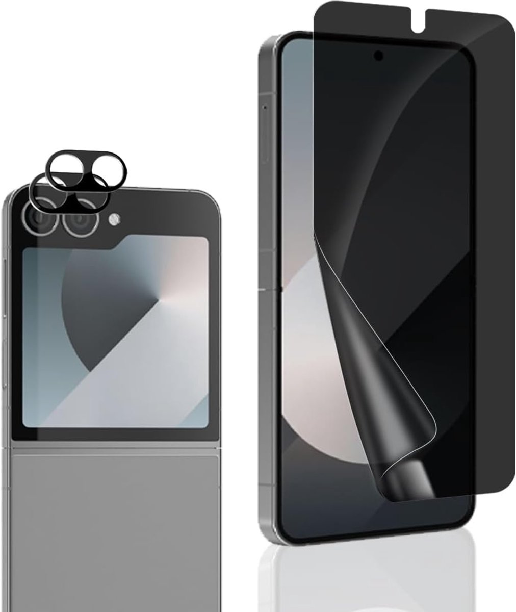 Privacy Displaybeschermfolie voor Samsung Galaxy Z Flip 6 en camerafolie [1 + 2 stuks], krasbestendig, anti-spy beschermfolie voor Galaxy Z Flip 6, geen gehard glas