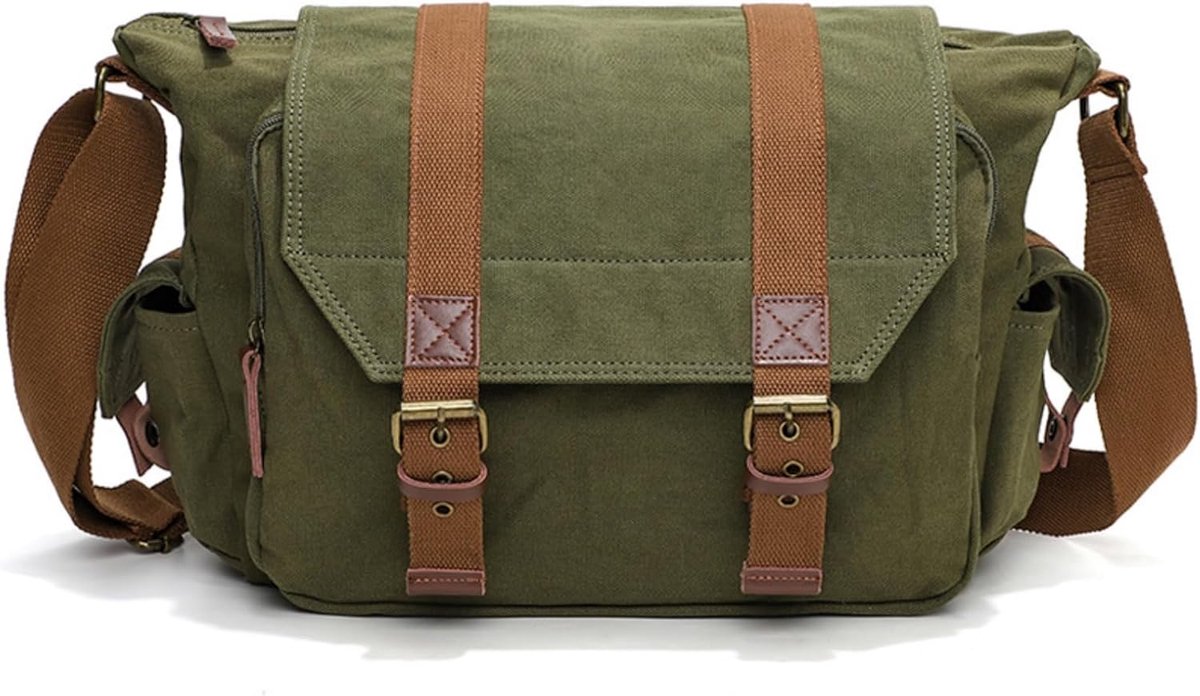 fototas van canvas voor spiegelloze spiegelreflexcamera en laptop 13" Messenger met uitneembare gevoerde tas 34 x 13 x 27 cm #507