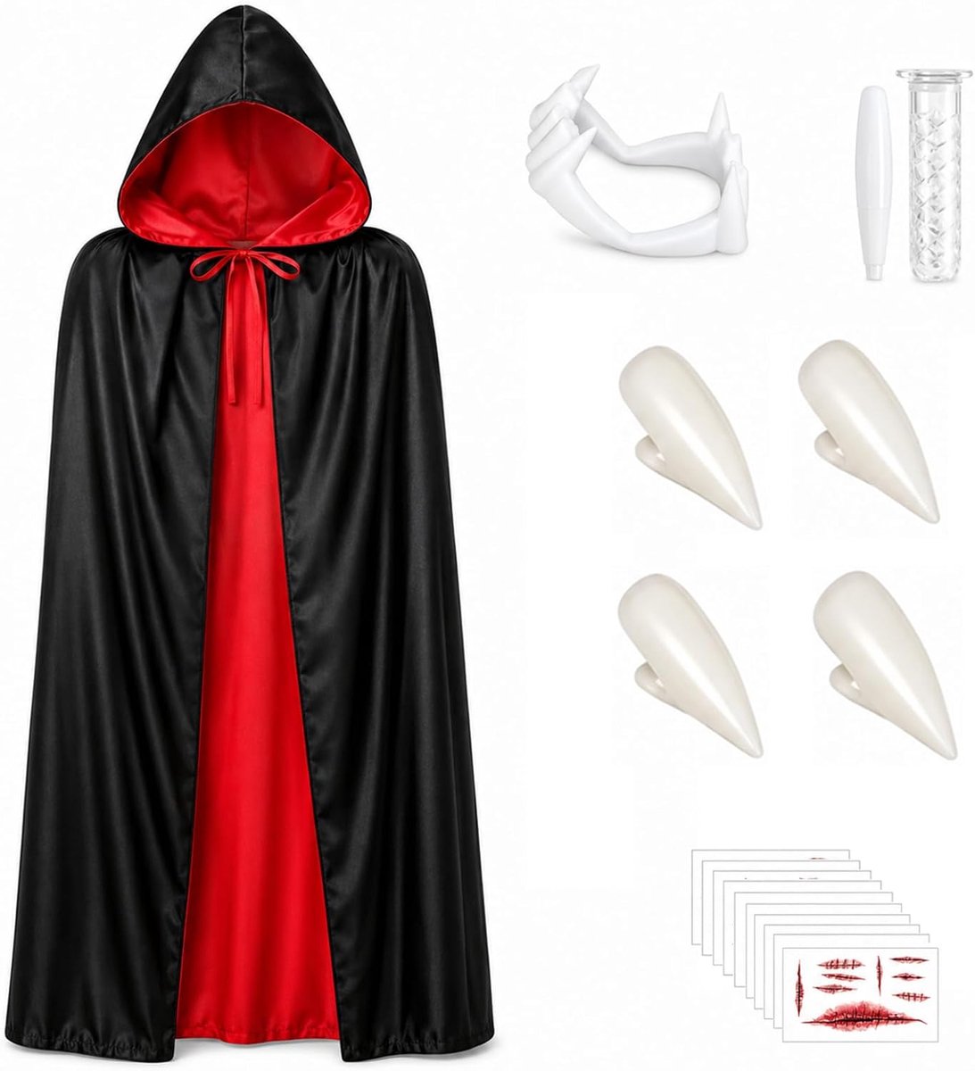 Kostuum Manteling Set, Zwart Rood Capuchon Party