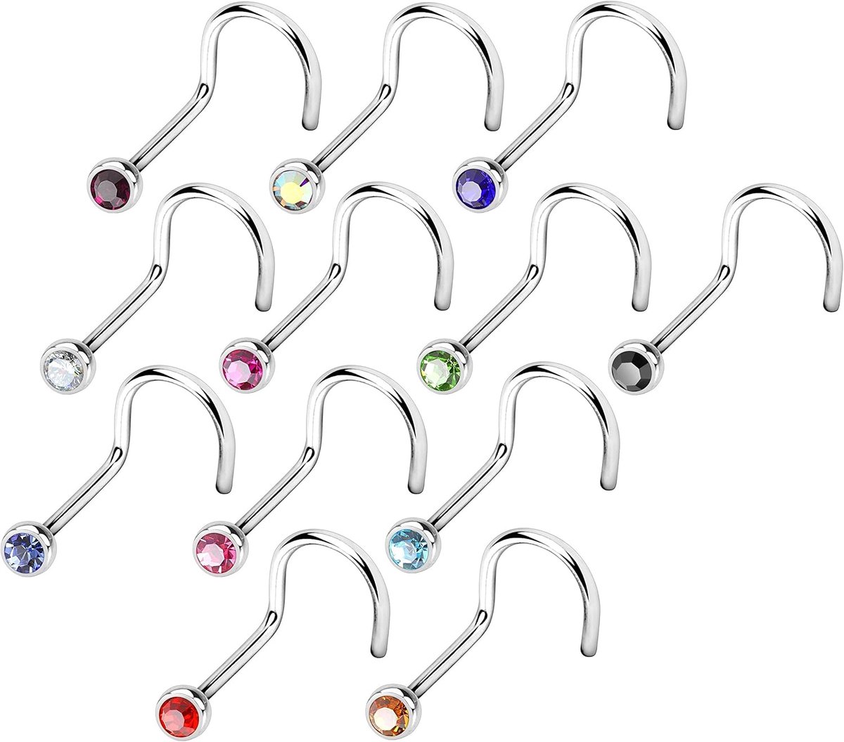 Kristal neusring neuspiercing Press Fit spiraal chirurgisch staal zilver multicolor staaf 1/8 mm steen 2,5 mm