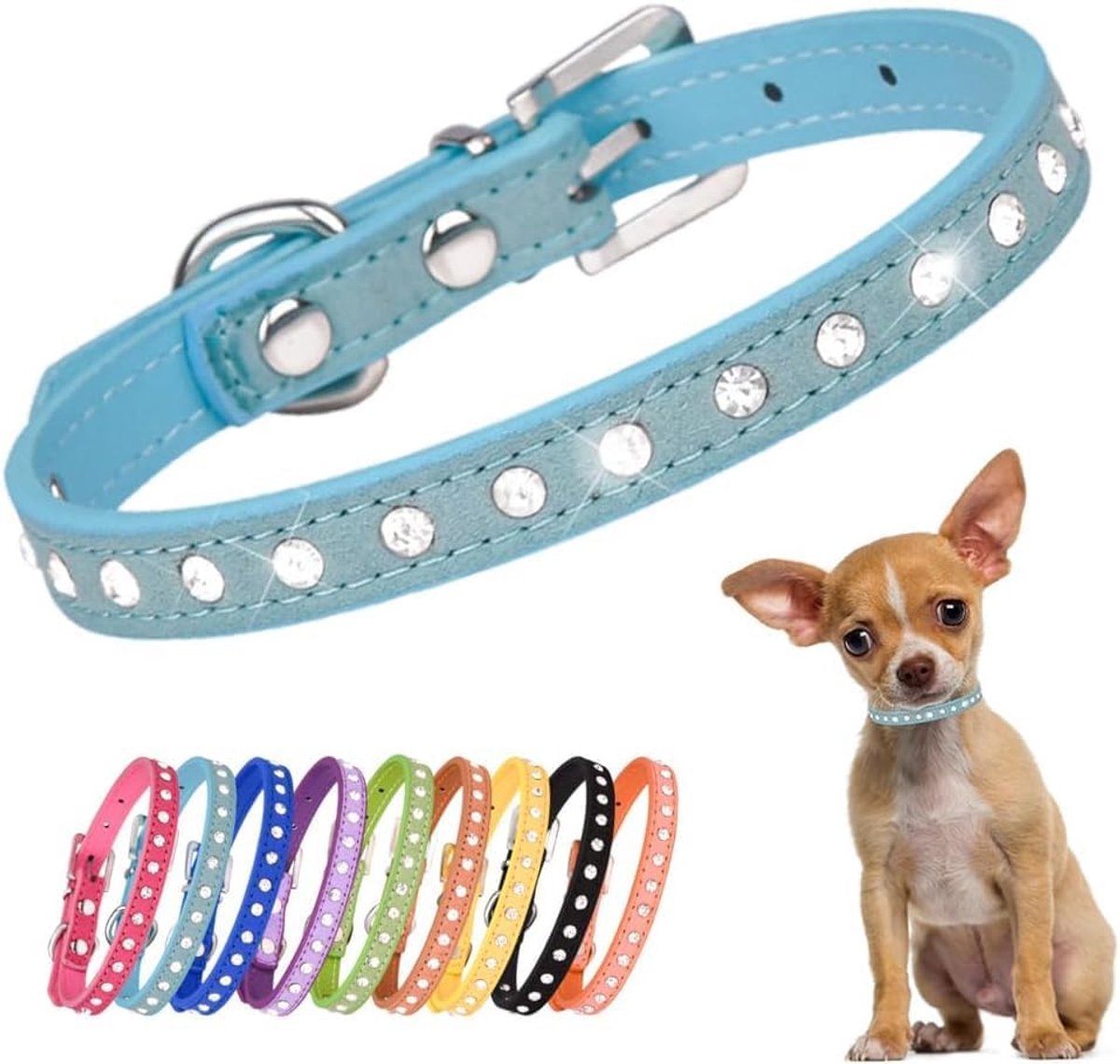 Oogverblindend, sprankelend, elegant, chique, suède, 1 rijen, bling strass kristal, juwelen kleine huisdier/kat / hond / puppy halsband... (M, Blauw)