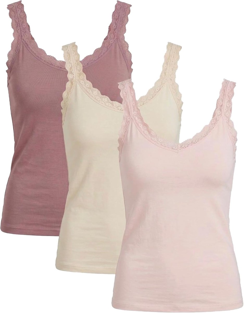 Set van 3 dameshemden met spaghettibandjes met kanten rand, elastische basic onderhemden voor dagelijks gebruik, comfortabel, nauwsluitend, mouwloos onderhemd