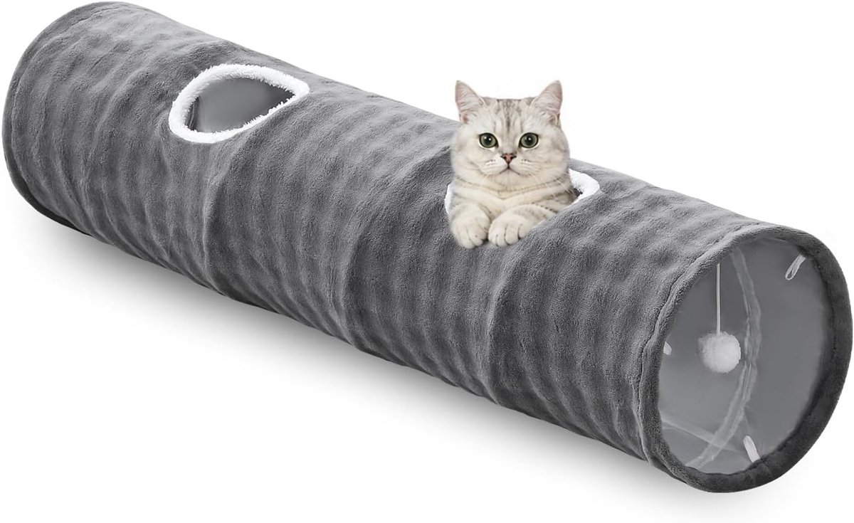 kattentunnel voor huiskatten, 120 x 30 cm, schattige opvouwbare tunnel met hangende ballen voor puppy's, kittens en konijnen, grijs