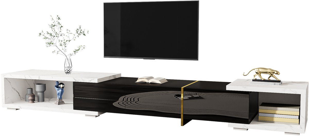 Uitschuifbaar tv meubel met draaifunctie - Voor woonkamer - 140-260 cm breed - Wit marmerlook en zwart - Draaibaar en uitschuifbaar - Hoogglans en mat - Gouden accenten