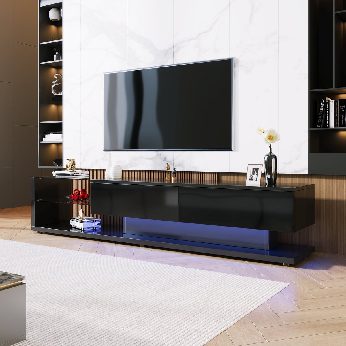 Hoogglans tv meubel met LED-verlichting - Voor woonkamer - 170 cm breed - Zwart - Glazen legplanken en lades - App-bestuurbare sfeerverlichting