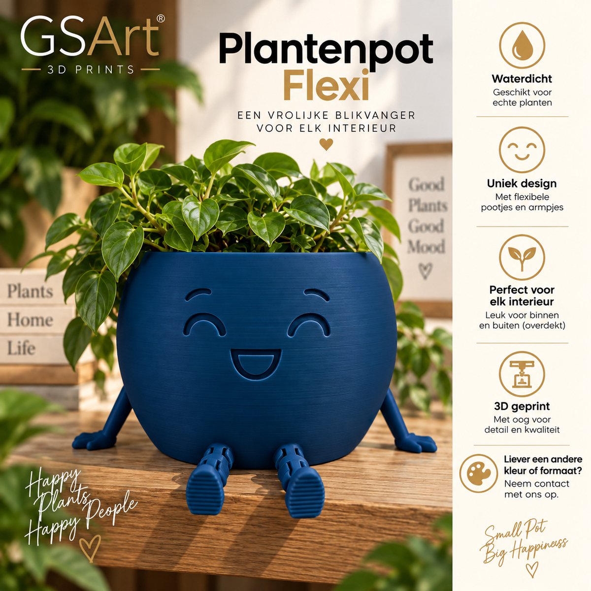 GSArt Plantenpot Flexi – Waterdichte 3D Geprinte Bloempot met Flexibele Benen - Mat Donkerblauw