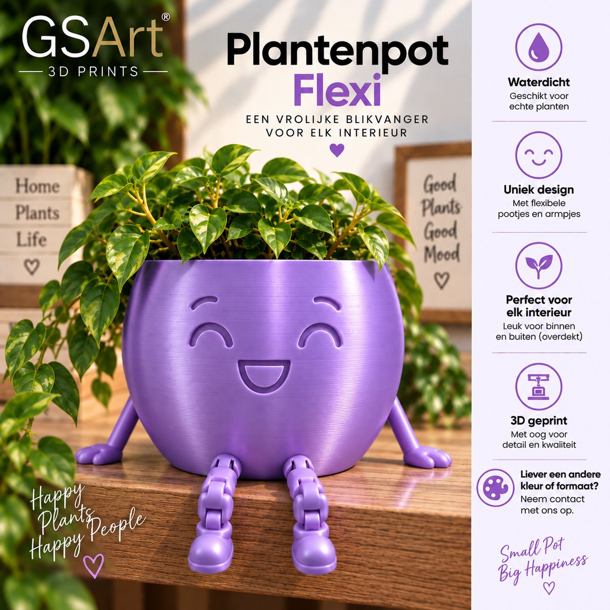 GSArt Plantenpot Flexi – Waterdichte 3D Geprinte Bloempot met Flexibele Benen - Zijde Paars