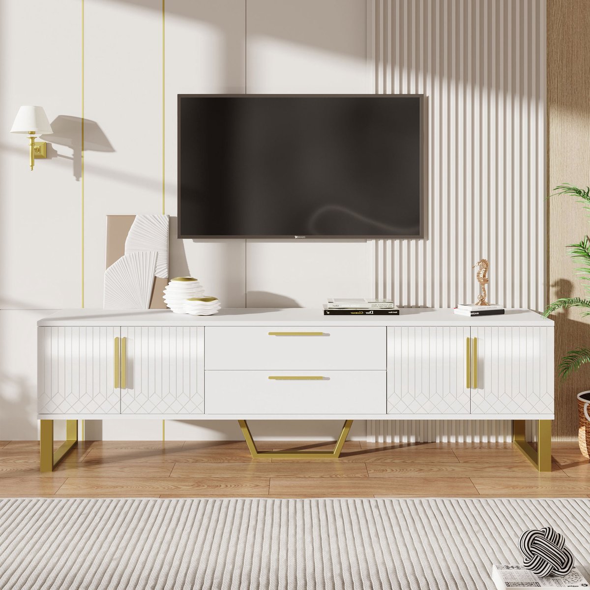 tv meubel Hoogglans Wit-Goud - Stijlvol opbergmeubel voor woonkamer - 170x40x53,5 cm - Wit met gouden accenten - 4 deuren met reliëf en middenlades - Gouden handgrepen en poten - MDF, draagvermogen 40 kg
