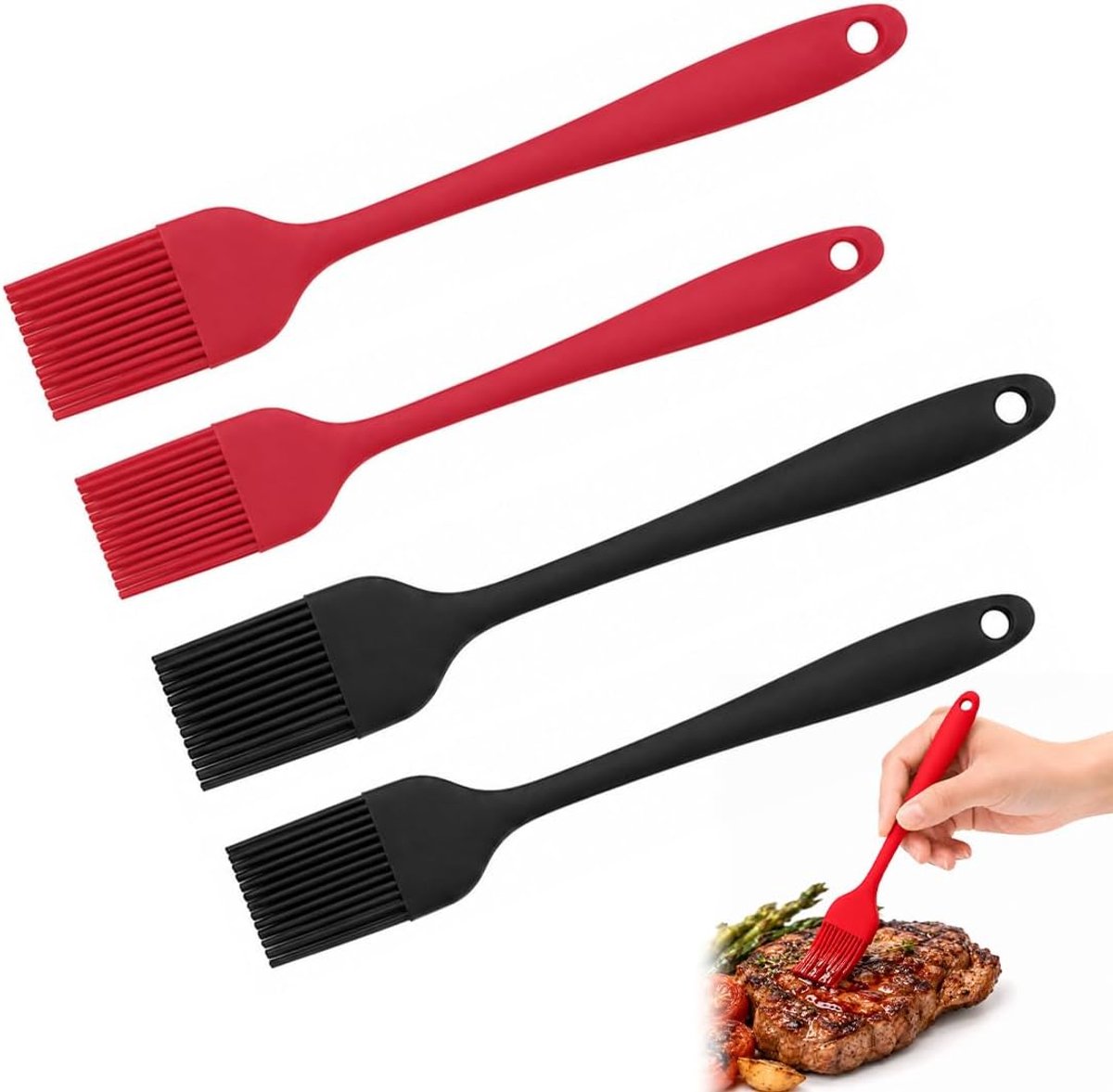 Set van 4 siliconen kwasten, levensmiddelenkwaliteit, 2 x 20,3 cm en 2 x 26,5 cm, olie- en sausborstel, hittebestendige keukenborstel voor bakken, grillen, koken (zwart en rood)