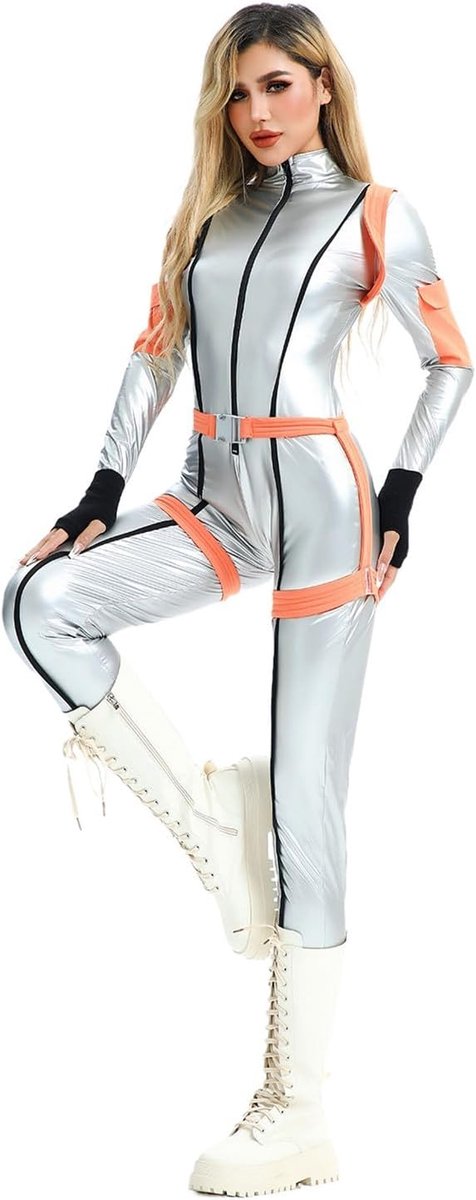 Buitenaardse astronaut cosplay kostuum, futuristische metalen jumpsuit voor shows en themafeesten