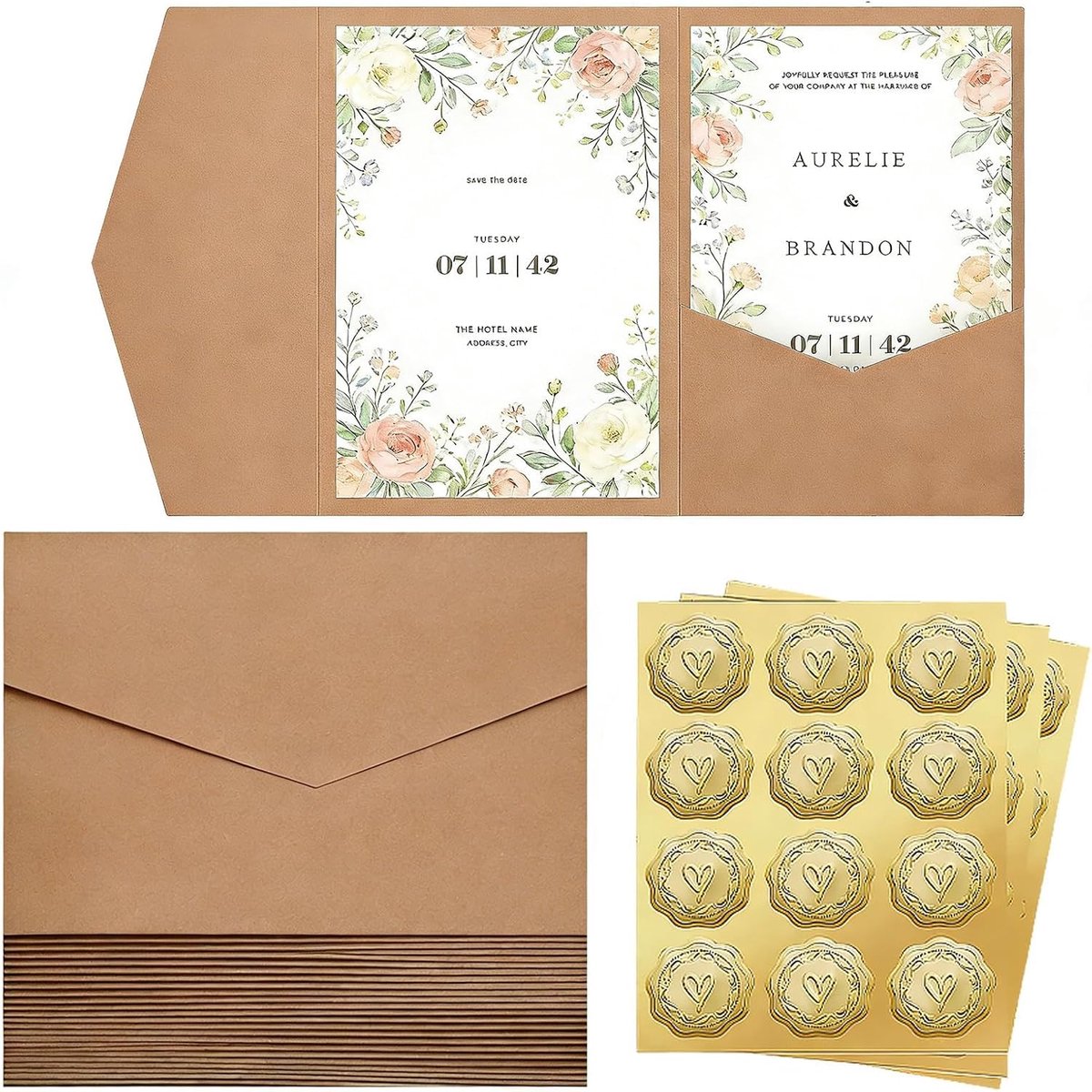 25 stuks Kraftpapier Pocketfold omslagen en zelfklevende waszegels, envelop uitnodigingskaarten, uitnodigingskaarten voor de bruiloft, kleurrijke briefomslagen, voor huwelijken, bruin