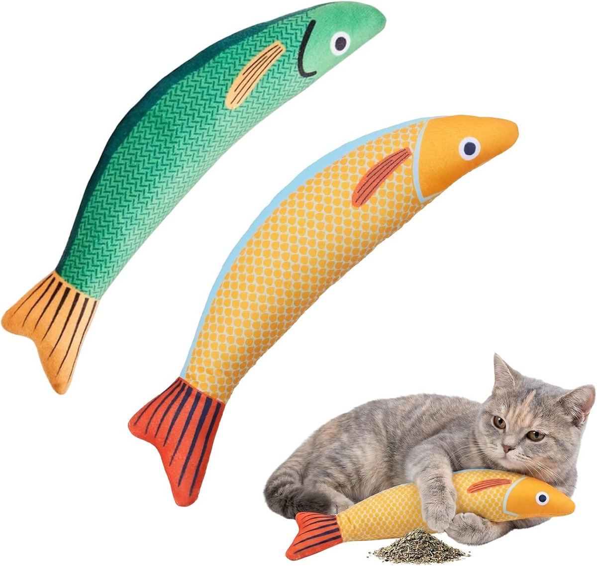 2 stuks visvormig kattenspeelgoed, pluche met natuurlijke kattenkruid, 25 cm (geel, groen)