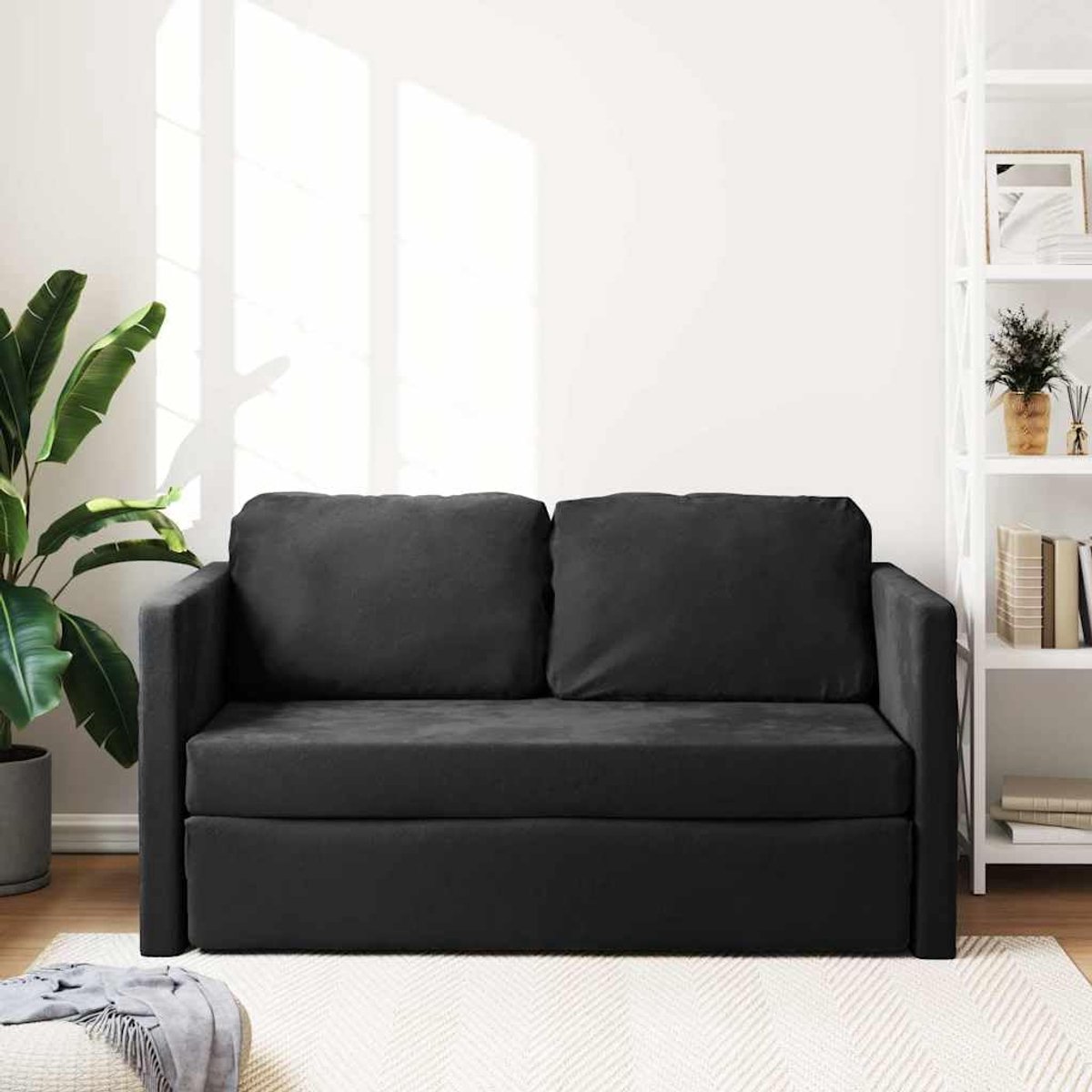 slaapbank, vloerbank met slaapfunctie en metalen frame, zwart, 122 x 204 x 55 cm, 2-zits en opvouwbaar bed