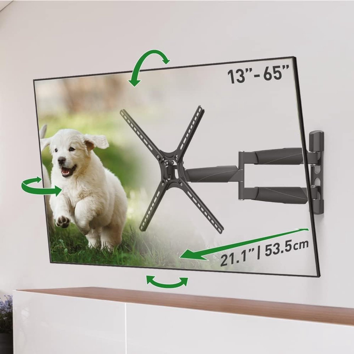 TV-muurbeugel, 13-65 inch Full Motion Articulating - 4 bewegingen lange premium flat/gebogen schermbeugel, tot 36,3 kg, extreem verlengbaar, levenslange beperkte garantie, past op LED OLED LCD