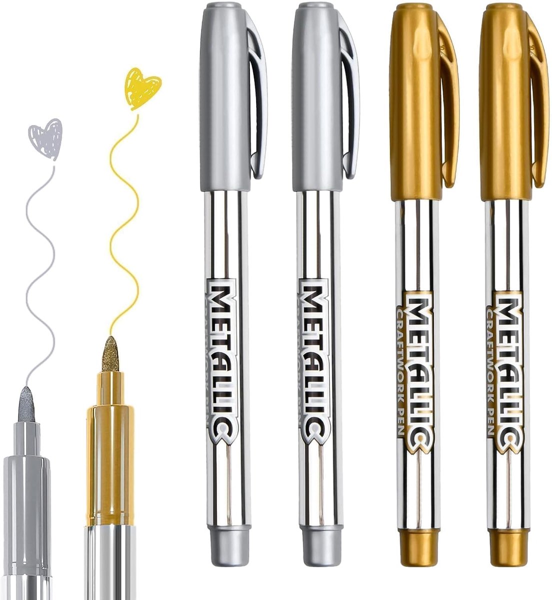 Markers voor acrylverf, waterbestendig, set van 4 acrylstiften in goud en zilver, metallic marker met glanseffect voor artistieke illustratie, fotoalbum en decoratie