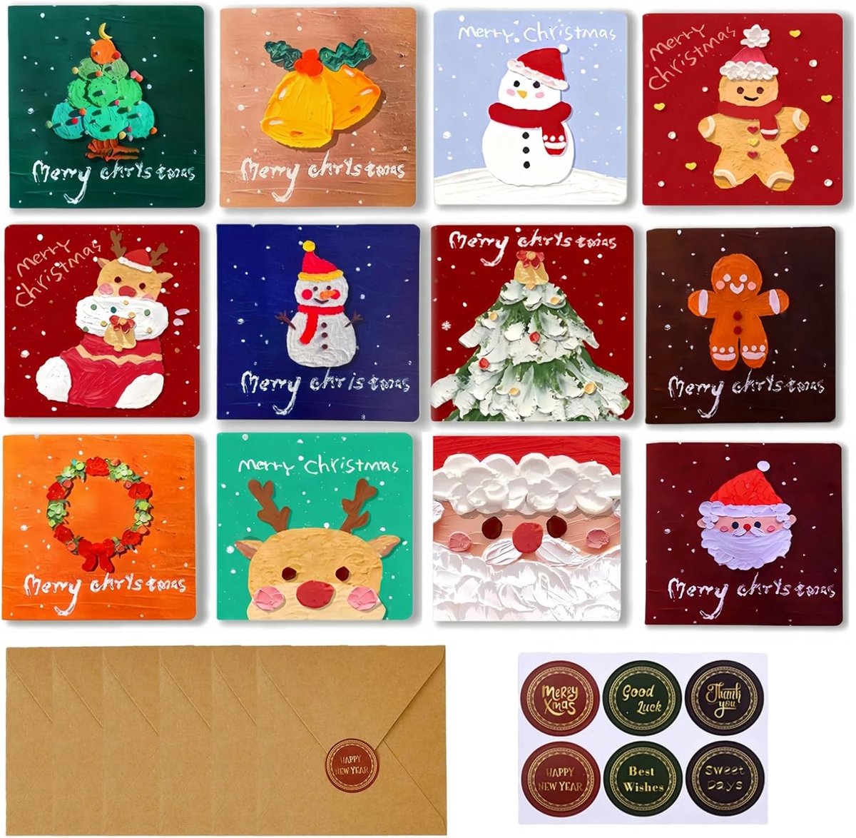Kerstkaarten met enveloppenset, 24 stuks kerstkaarten in olieverfschilderijstijl, 10 x 20 cm, vouwkaarten, Kerstmis, kerstkaarten, ansichtkaarten, kerstansichtkaarten voor familie en vrienden