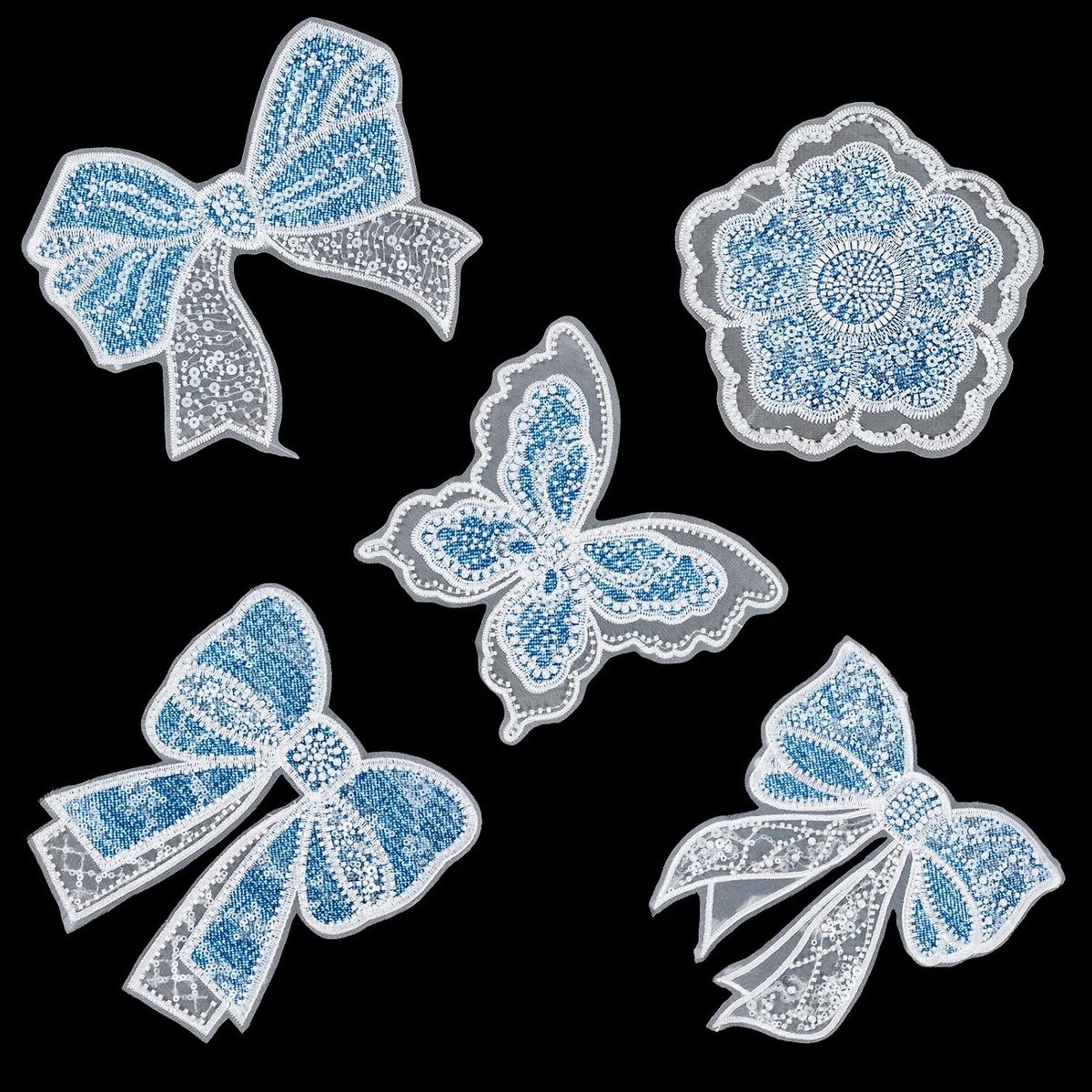 5 stuks geborduurde applicaties van kant met bloemen om op te naaien met kralen in vlindervorm bownot, applicaties van pailletten voor kostuum- en kledingaccessoires