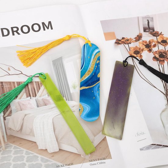 23-Delige Hars Bladwijzervorm met Kwastjesset, 3 Stijlen Siliconen Bladwijzervormen 5 Kleuren Decoratieve Kwastjes Hangende Ornamenten DIY Rechthoekige Bladwijzervorm voor Gieten Epoxyhars — afbeelding 4